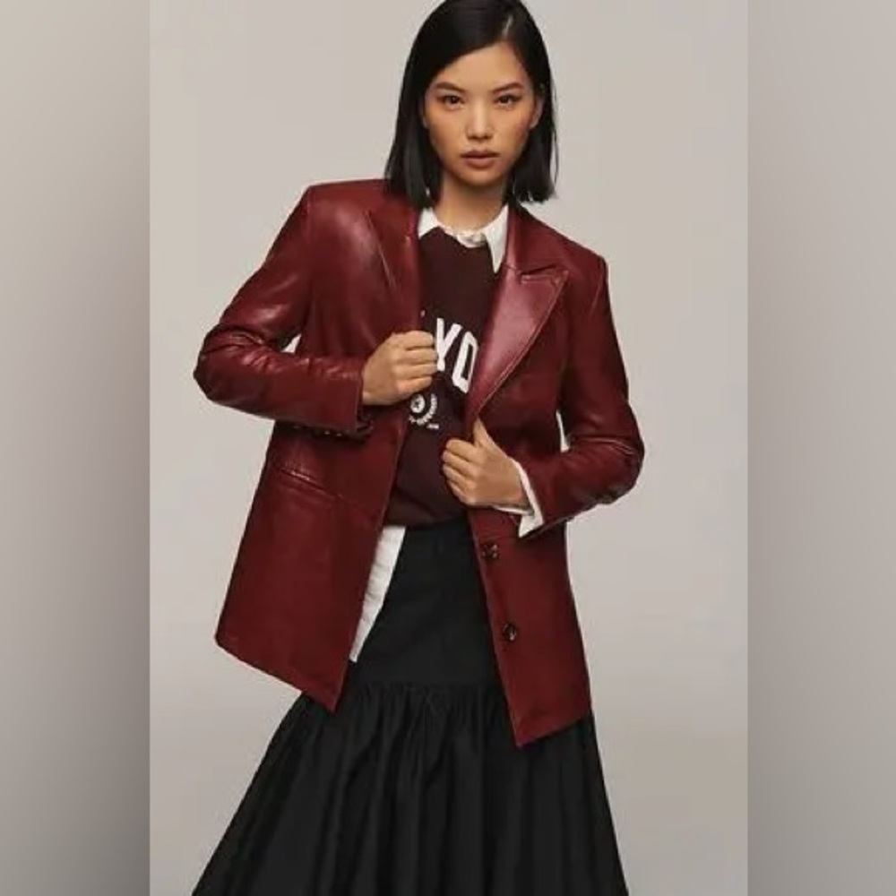 NWT Anthropologie Maeve Burgundy Leather Blazer - Picture 2 of 7
